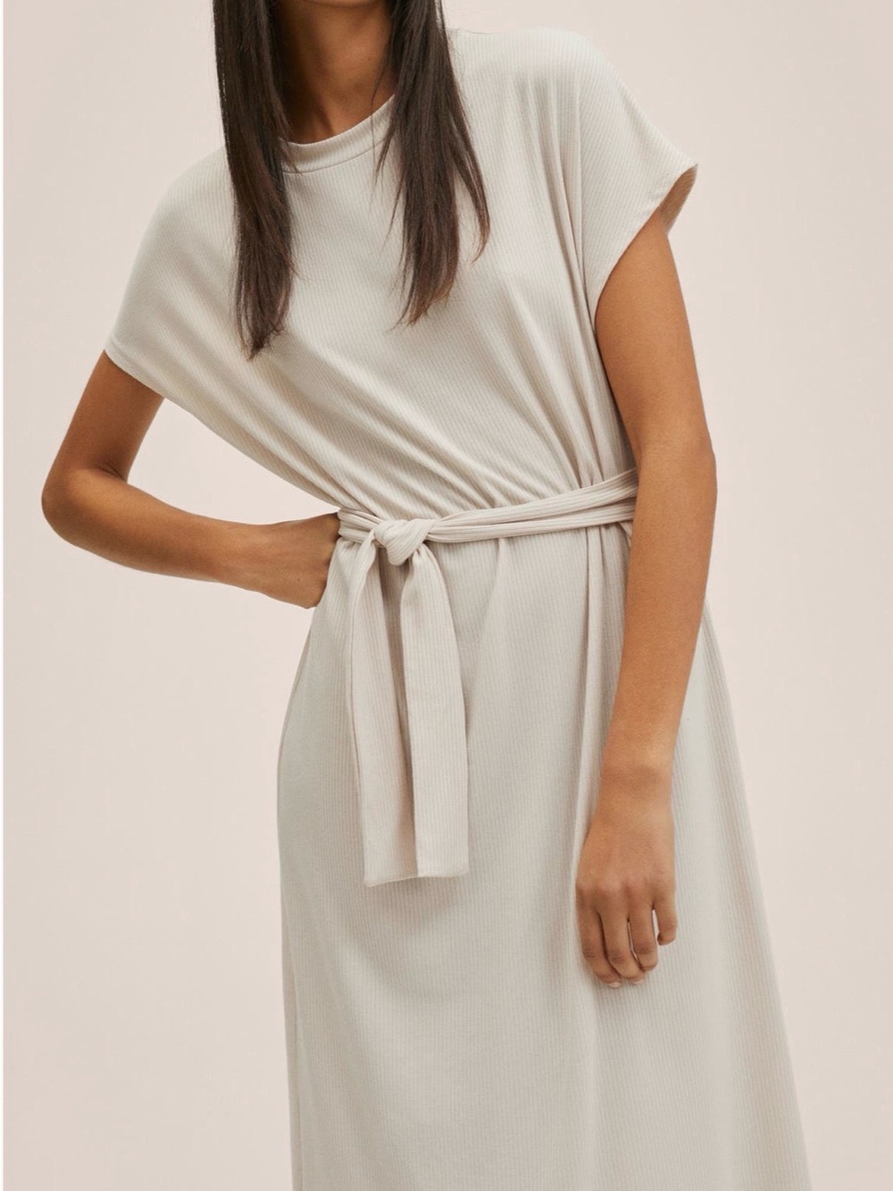 MANGO Rib Knit Tie Waist Dress in ECRU